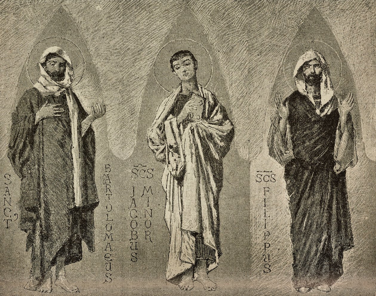 Saints Bartholomew, James the Less and Philip, tecknade serier av Domenico Morelli för mosaik i Amalfikatedralen, Italien, teckning av P Scoppetta, gravyr från L