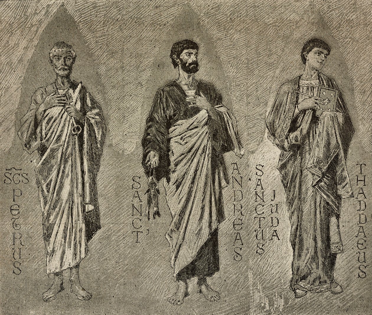 Saints Peter, Andrew och Judas aposteln, tecknade serier av Domenico Morelli för mosaik i Amalfikatedralen, Italien, Italien, teckning av P Scoppetta, gravyr från L