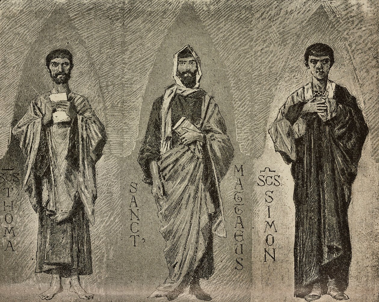 Saints Thomas, Mathew och Simon, tecknade serier av Domenico Morelli för mosaik i Amalfikatedralen, Italien, teckning av P Scoppetta, gravyr från L