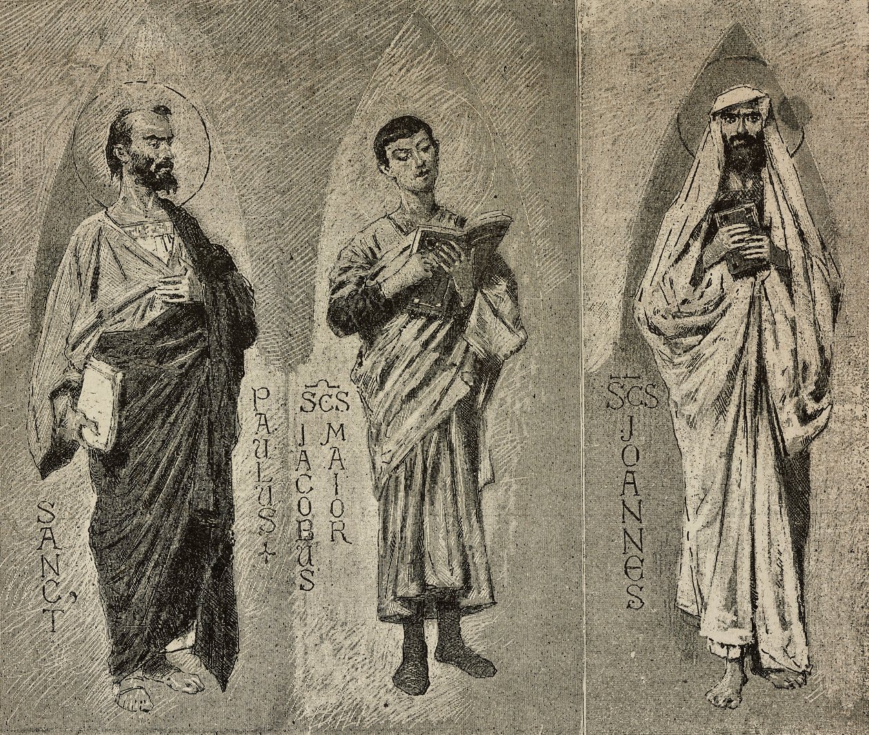 Sints Paul, James den store och Johannes, tecknade serier av Domenico Morelli för mosaiken av Amalfikatedralen, Italien, teckning av P Scoppetta, gravyr från L