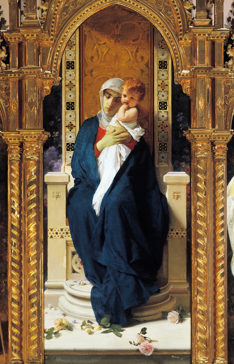 Tryptyk av Madonna av rosorna, av Domenico Morelli (1823-1901), Detalj, St Augustinus kapell, slottet Corigliano Calabro, Kalabrien, Italien av Domenico Morelli