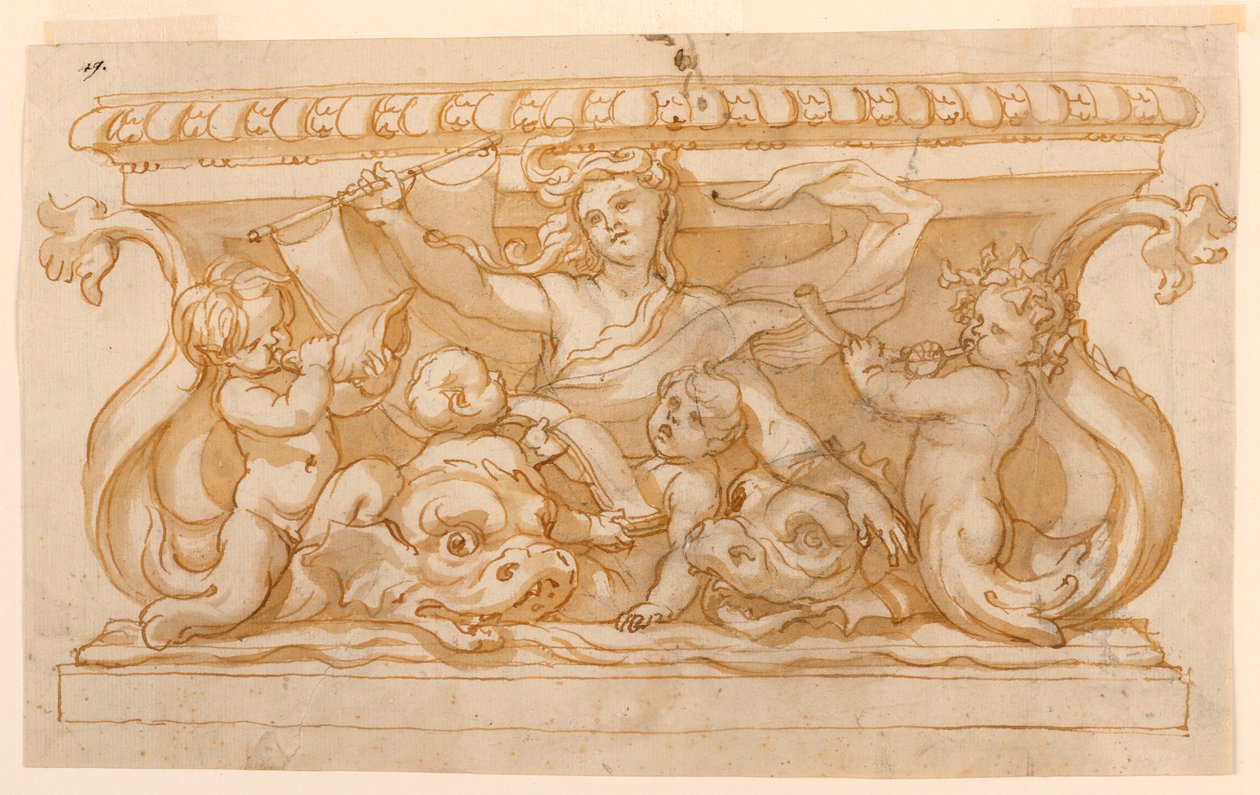 Teckning, Fontänbassäng, 1650-75 av Domenico Piola