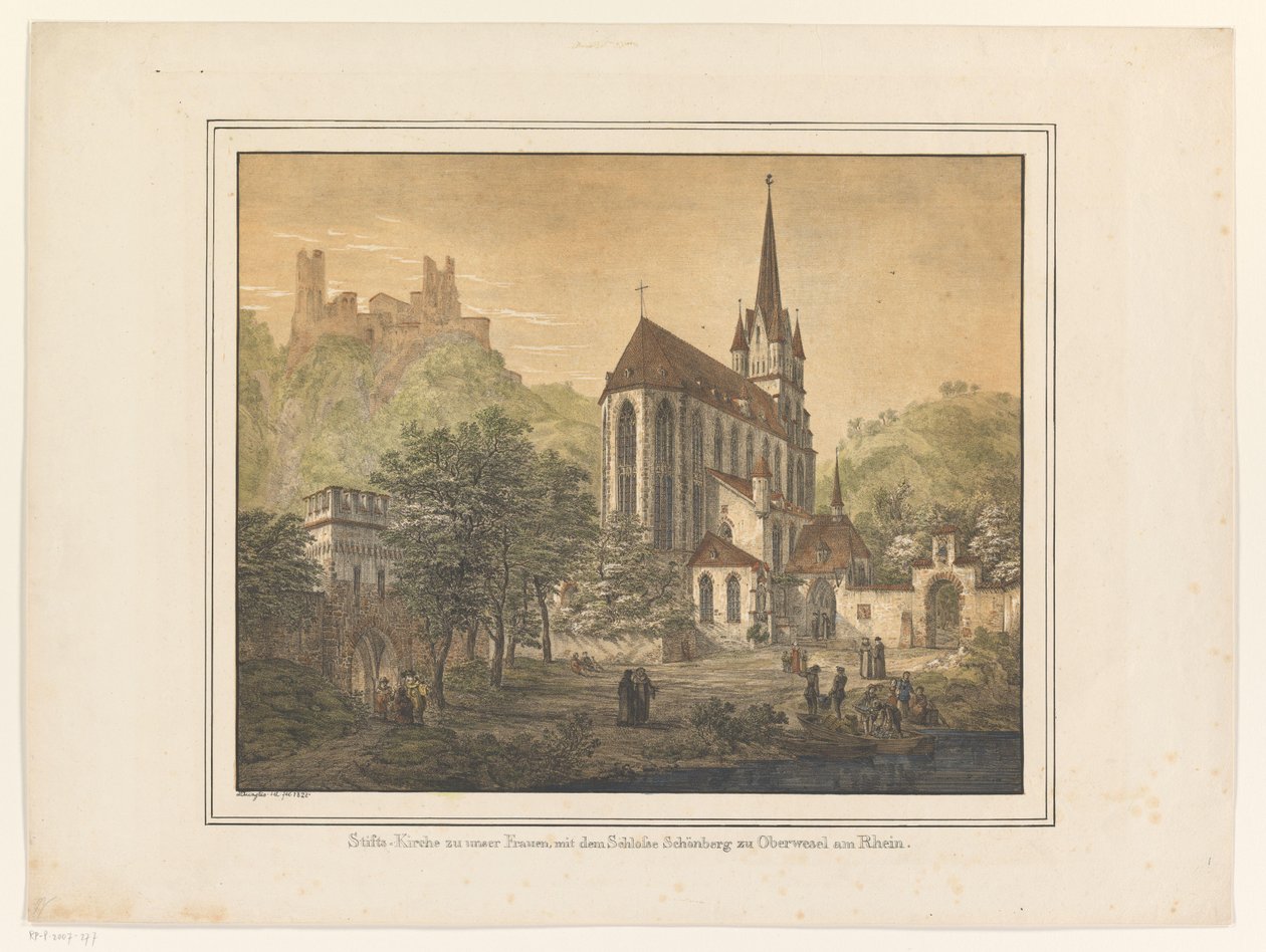 Gezicht op de Kerk en het kasteel te Oberwesel Vår Fru kollegiala kyrka, med slottet Schönberg i Oberwesel am Rhein (titel på objektet) av Domenico Quaglio (II)