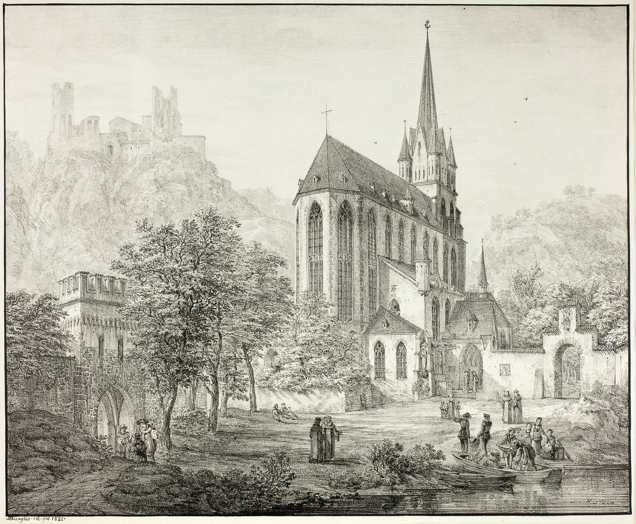 Collegiate Church of Our Lady, med slottet Schönberg vid Oberwesel vid Rhen av Domenico Quaglio