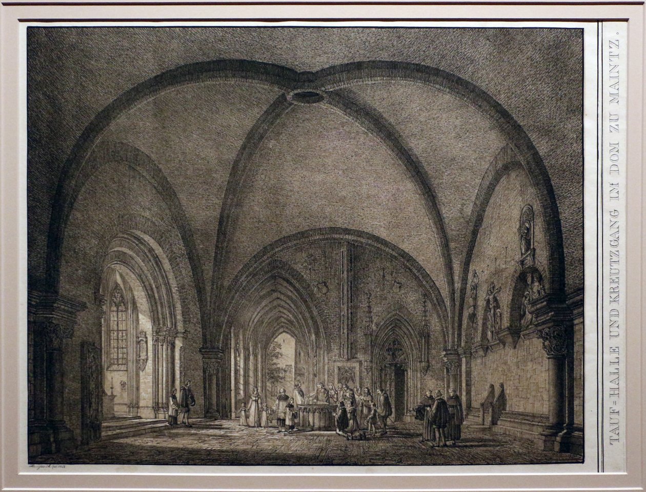 Domenico quaglio II, dopfunten och klostret i Mainz domkyrka, från samlingen av minnesvärda medeltida byggnader i Tyskland, 1823, litografi av Domenico Quaglio the Younger