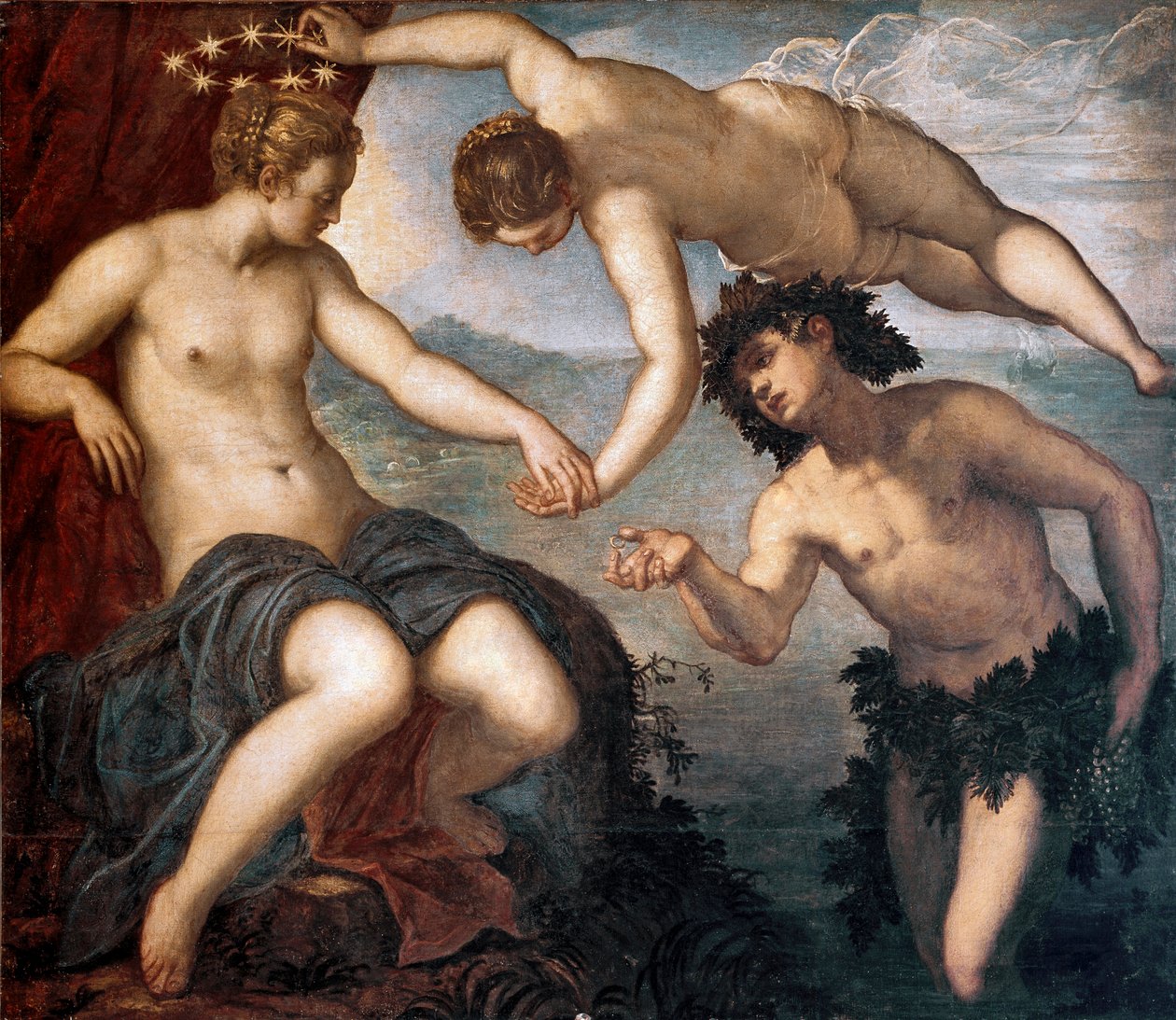Bacchus, Venus och Ariane Målning av Tintoretto eller Tintoret (Jacopo Robusti) (1518-1594) 1577-1580 Sön. 146x167 cm Kakel av anticollege, Dogepalatset, Venedig av Domenico Robusti Tintoretto