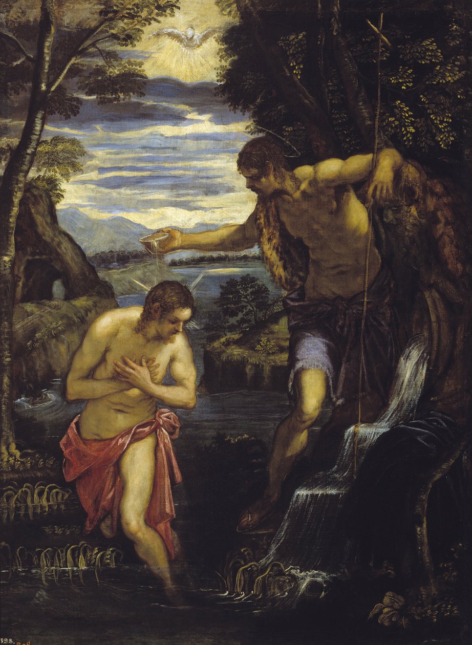 Bapteme du Christ - The Baptism of Christ - Tintoretto, Domenico (1560-1635) - ca 1585 - Olja på duk - 137x105 - Museo del Prado, Madrid av Domenico Robusti Tintoretto