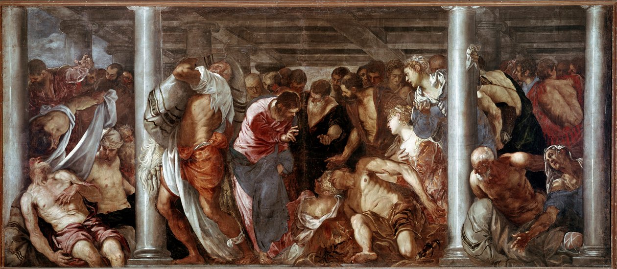 Kristus hör den förlamade (probatiska poolen). Målning av Jacopo Robusti dit il Tintoretto (Tintoret av Domenico Robusti Tintoretto