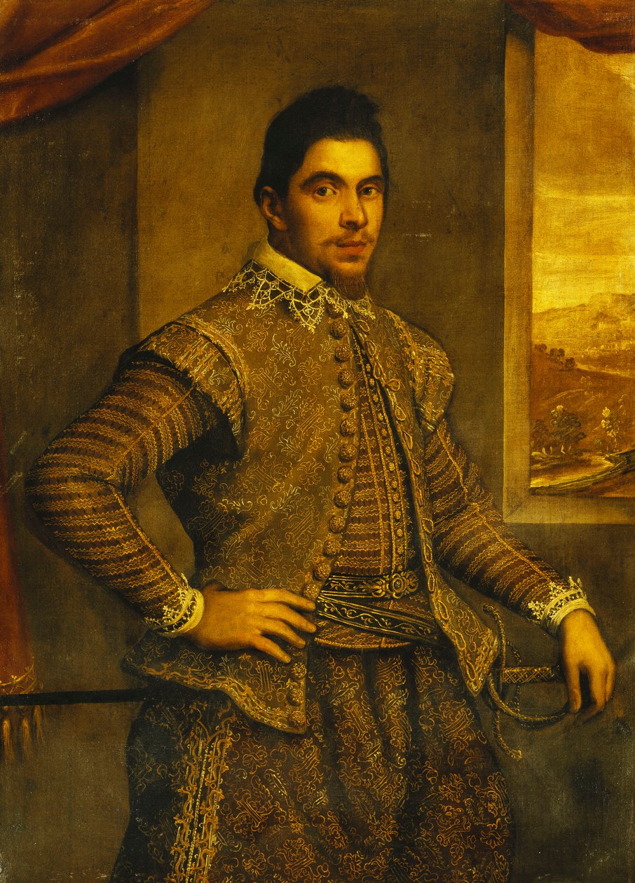 Porträtt av en gentleman, stående trekvartslängd, iklädd en utsökt broderad kostym, framför ett fönster, ett landskap bortom, av Domenico Robusti Tintoretto