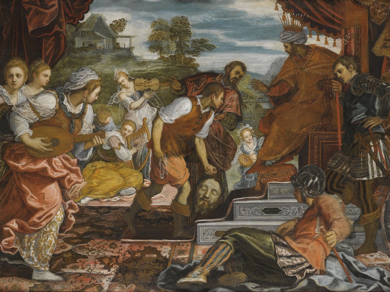 Davids triumf par Tintoretto, Domenico (1560-1635). Olja på duk, storlek: 96,8x131, , Privat samling av Domenico Robusti Tintoretto