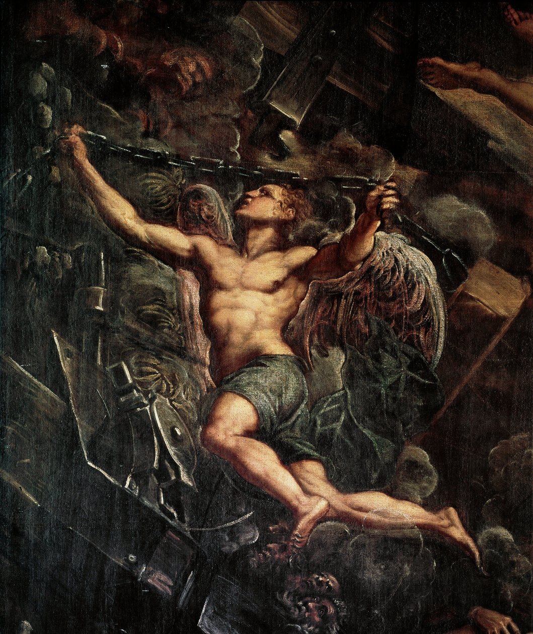 Jesu Kristi (Jesus Kristus) härkomst till limbo Detalj av en ängel. Målning av Jacopo Robusti detto il Tintoretto (Tintoret av Domenico Robusti Tintoretto