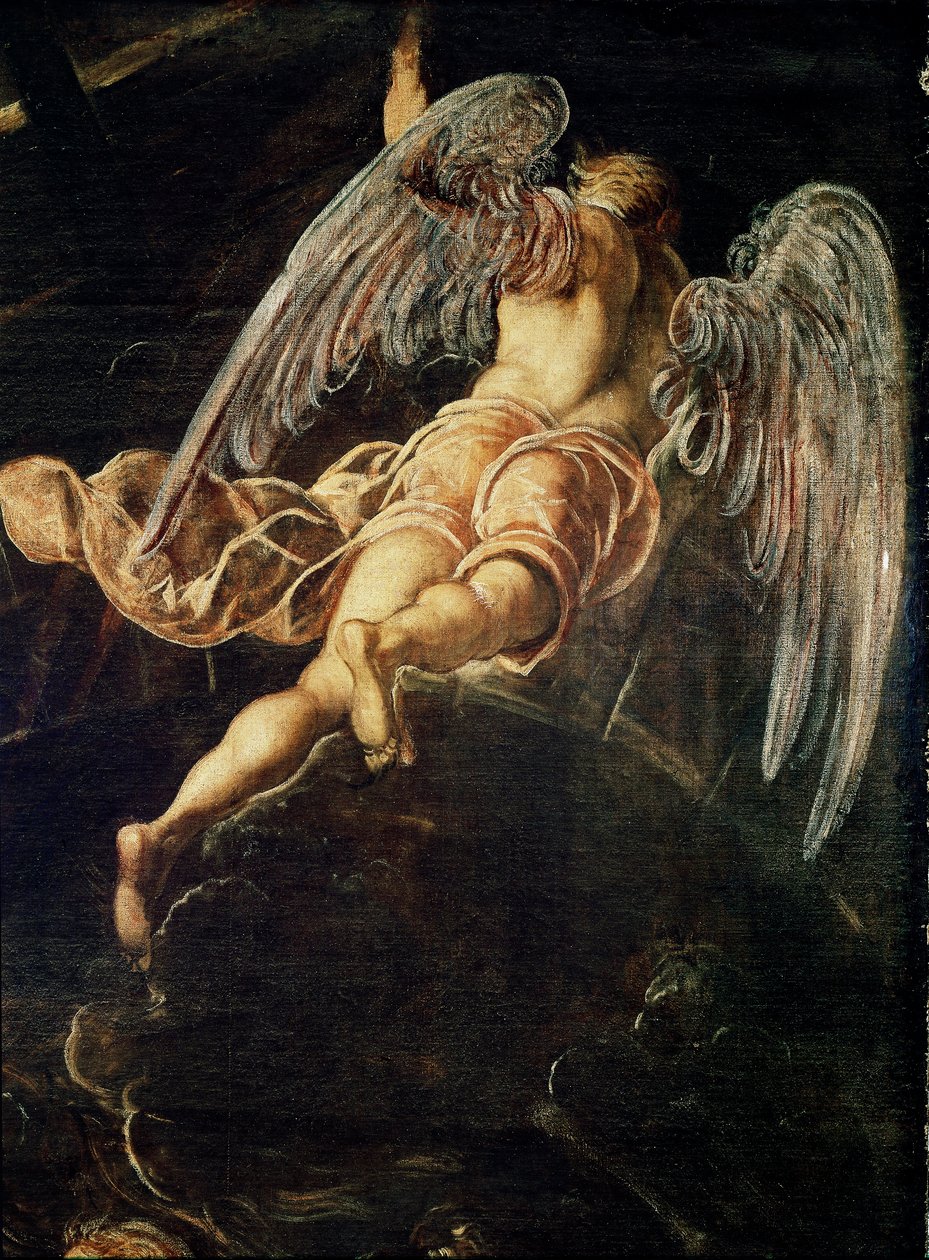 Jesu Kristi nedstigning till limbo Detalj av en ängel. Målning av Jacopo Robusti detto il Tintoretto (Tintoret av Domenico Robusti Tintoretto