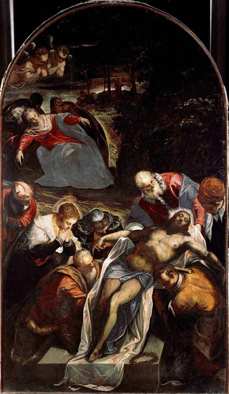 Graven Bland karaktärerna som omger Jesu Kristi kropp: Sankt Nikodema, Josef av Arimathia, Sankt Johannes, Jungfru Maria och Sankt Johannes. Målning av Jacopo Robusti kallad Tintoret (Tintoretto) (1518-1594) 1593-1594 Sun. 288x166 cm Venedig, C av Domenico Robusti Tintoretto