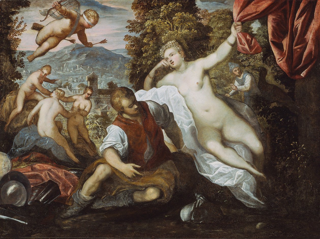 Venus och Mars med Amor och de tre gracerna i ett landskap av Domenico Robusti Tintoretto