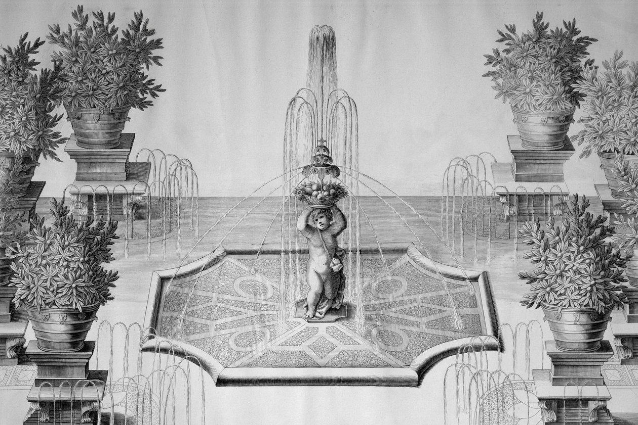 Blomsterfontænen i Villa Barbarigos have i Valsanzibio (Veneto), gravering af Domenico Rossetti (1651-1736) fra fabrikkerne og haverne i det fremragende Casa Barbariga Valsanzibio, trykt i Verona i 1702, Italienssverige av Domenico Rossetti