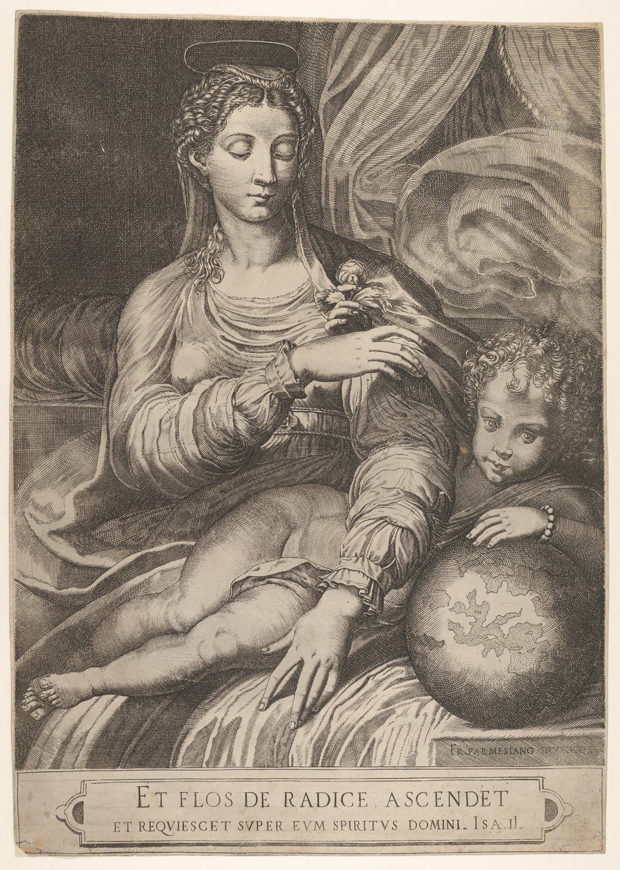 Madonna av rosen, hon sträcker sig efter en ros som hölls av Kristusbarnet, som vilar sin vänstra..., 1560-75. av Domenico Tibaldi