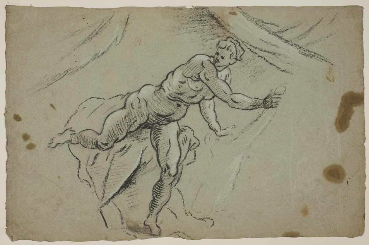 Naken kvinna med ett tygstycke i händerna som hastigt lämnar ett tält av Domenico Tintoretto