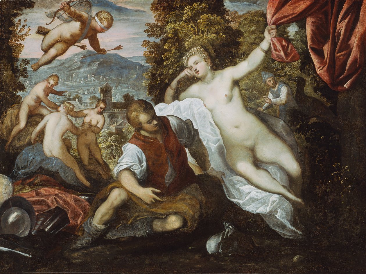 Venus och Mars med Amor och de tre gracerna i ett landskap, 159095 av Domenico Tintoretto