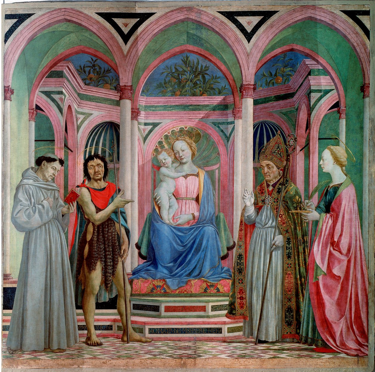 Altartavla av Santa Lucia dei Magnoli: Madonna och barn med Saint Lucia, Saint Francois, Johannes Döparen och Saint Zanobi (Zenobie) Detrempe på trä av Domenico Veneziano (Domenico di Bartolomeo) (början av 1400-talet-1461) 1455 ca. Sol. 209x213 c av Domenico Veneziano