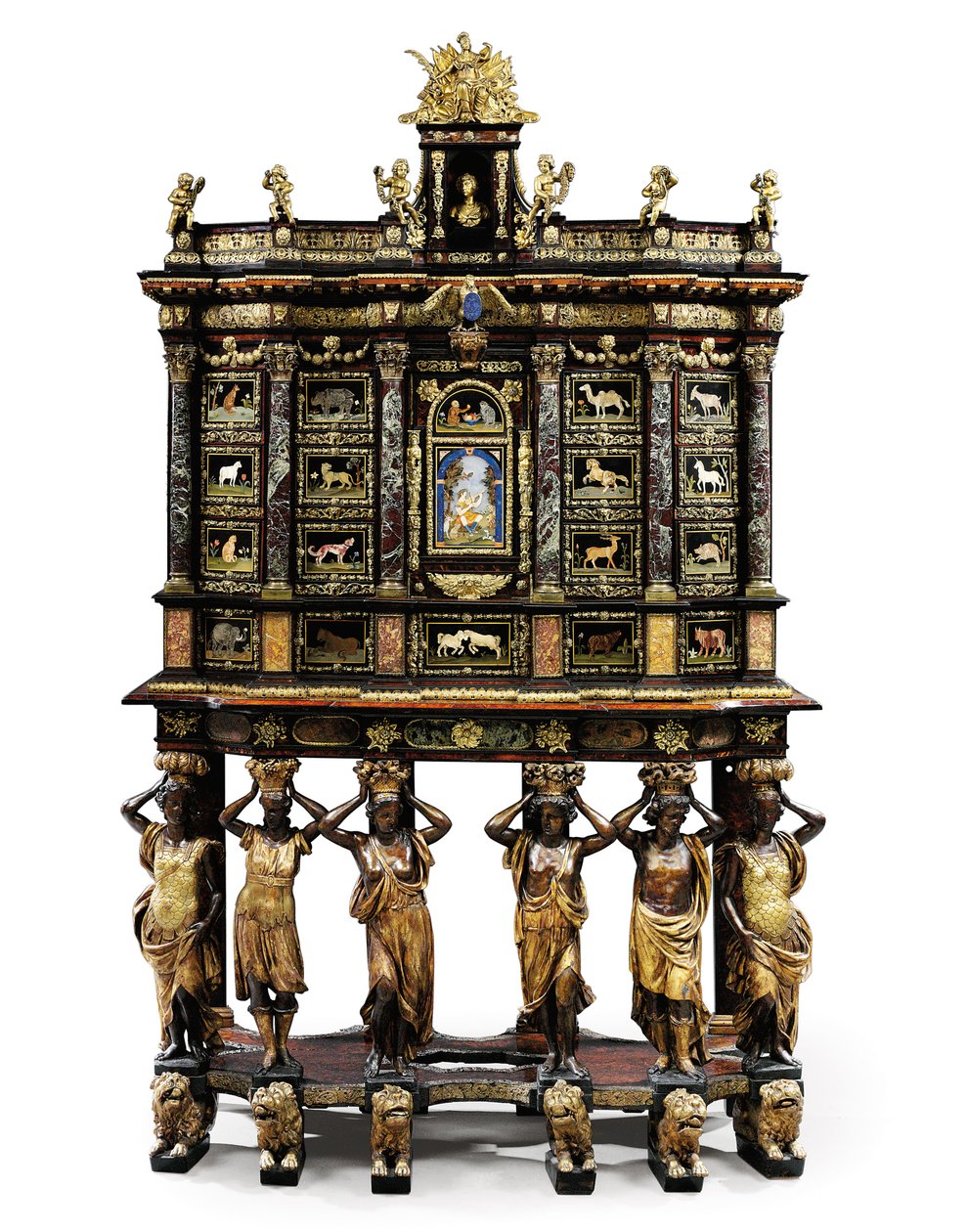 Ludvig XIV-skåp på stativ (förgylld brons, pietra dura, sköldpaddsskal, ask, eboniserat och paketförgyllt) (se även 1766356-7) av Domenico and Gobelins workshop (attr. to) Cucci