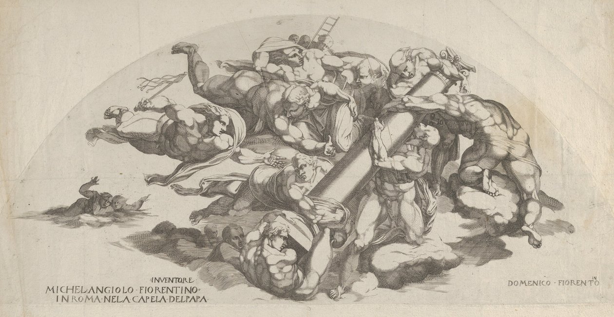 Grupp från den sista domen, änglar som bär flaggans kolumn och t..., 1500-talet. av Domenico del Barbiere