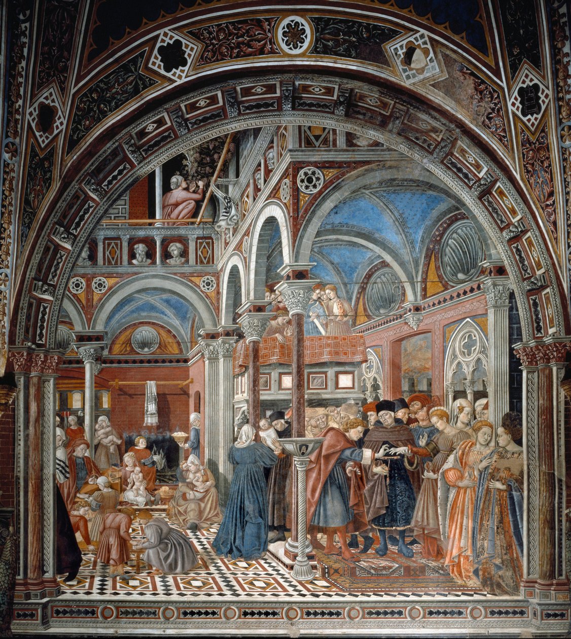 Utsikt över barnhemmet Santa Maria della Scala i Siena Till vänster tar barnskötarna hand om övergivna barn, till höger en gravid kvinna som tvingas gifta sig. Fresk av Domenico di Bartolo (aktiv mellan 1428 och 1447) Spedale di Santa Maria del av Domenico di Bartolo