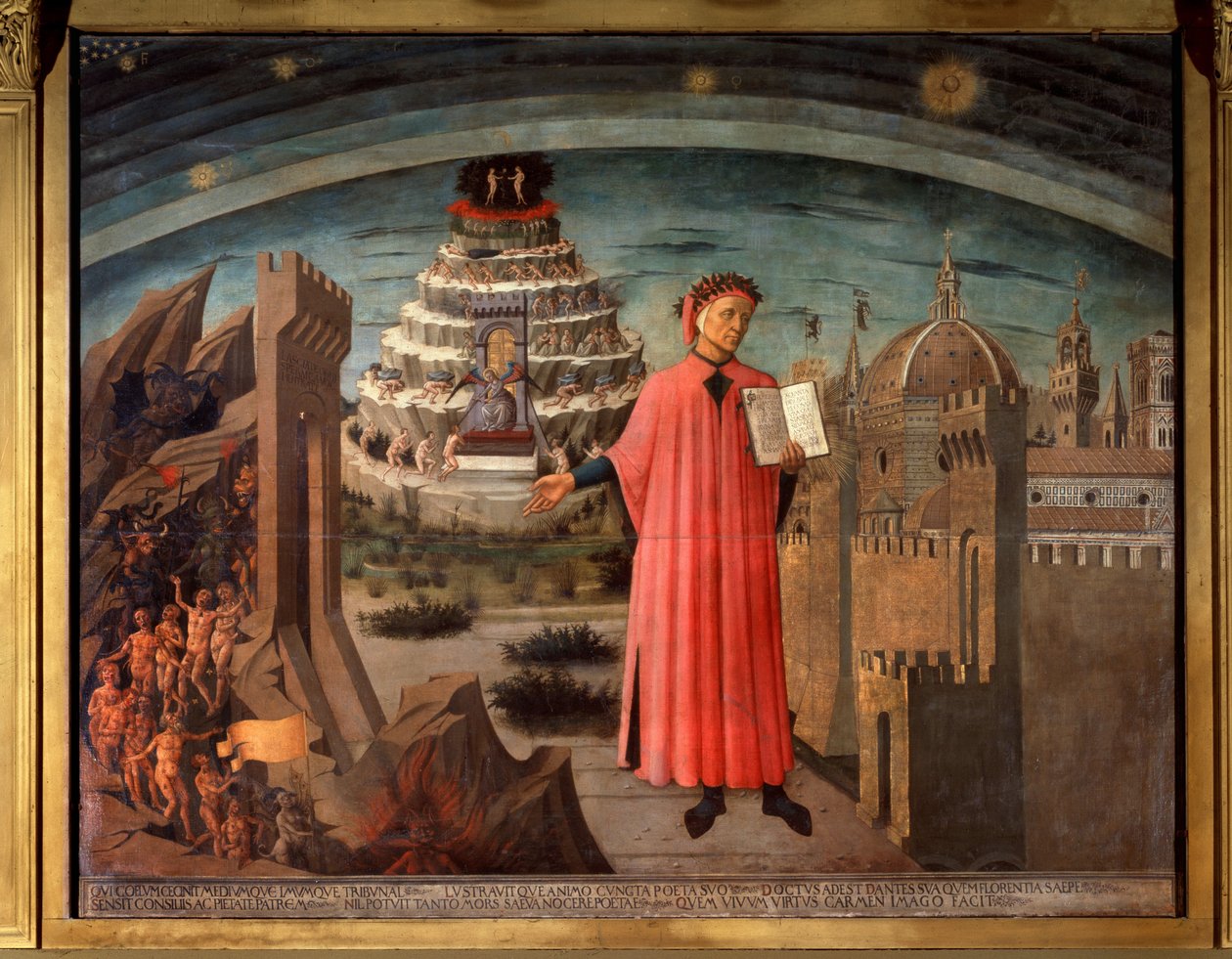 Dante Alighieri och hans komedi. Porträtt av hyresgästen Dante vid den huvudsakliga gudomliga komedin av Domenico di Michelino