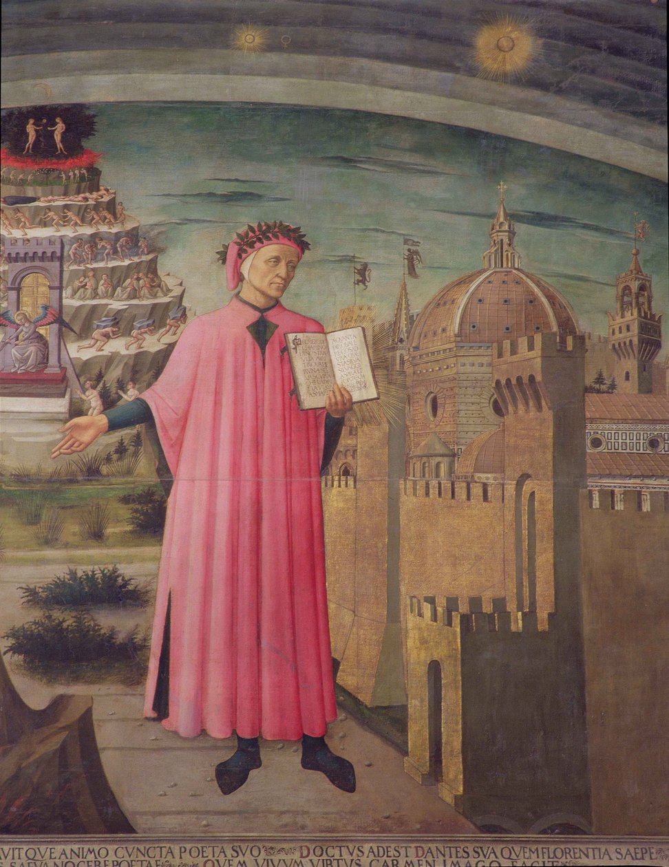 Dante läser från Divine Comedy-tempera på paneldetalj av 42355 av Domenico di Michelino