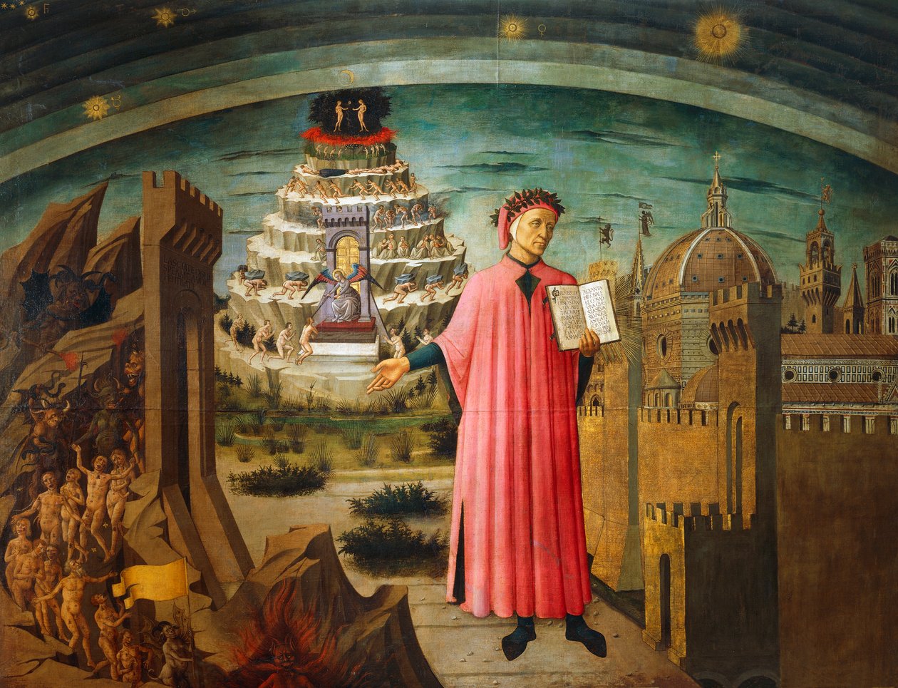 Gudomlig komedi, av Dante Alighieri (1265-1321), av Domenico di Michelino (1417-1491), fresk, Basilica of Saint Mary of Flower, Florens, Italien av Domenico di Michelino