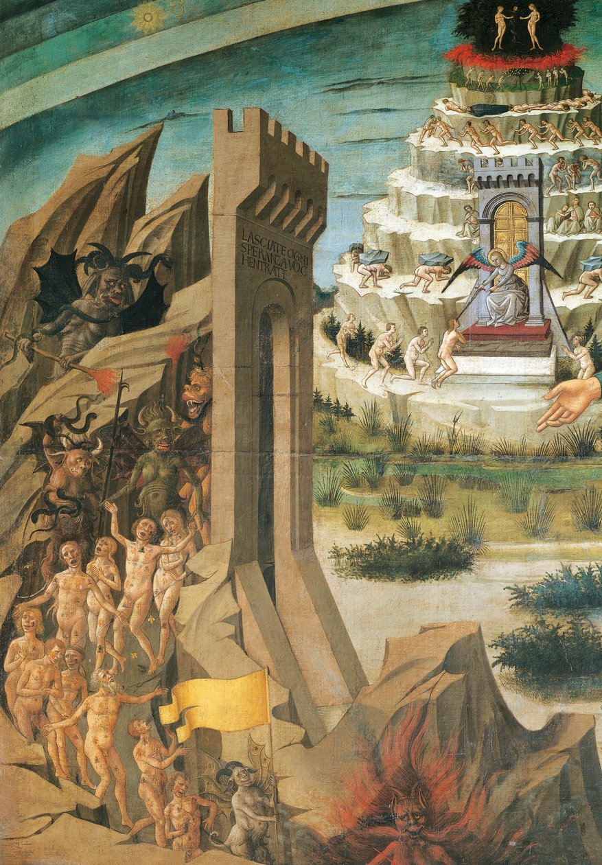 Figurer av fördömda, detalj från Dante med gudomlig komedi, fresk av Domenico di Michelino (1417-1491), katedralen Santa Maria del Fiore, Florens, Italien av Domenico di Michelino
