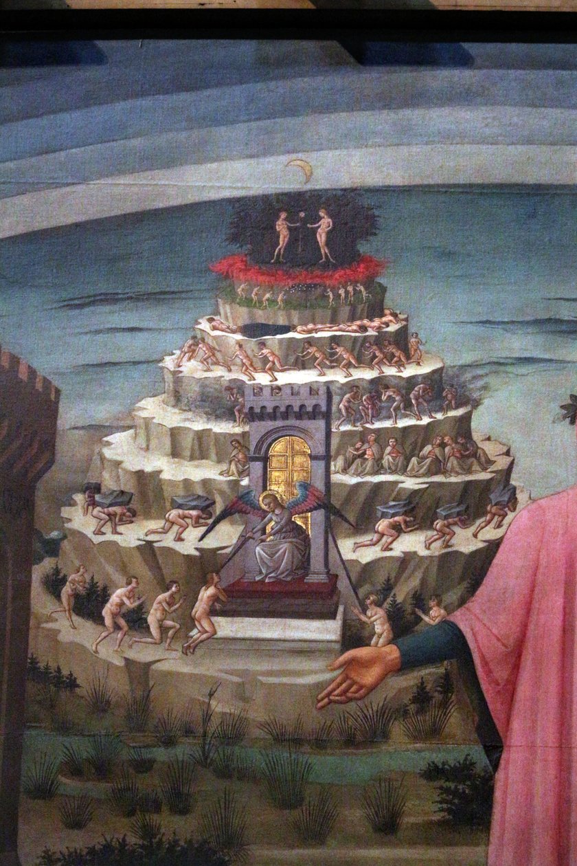 Italienska:  La Divina Commedia di Dante Dante Alighieri med Florens och den gudomliga komedins riken (helvetet, skärselden, paradiset) av Domenico di Michelino
