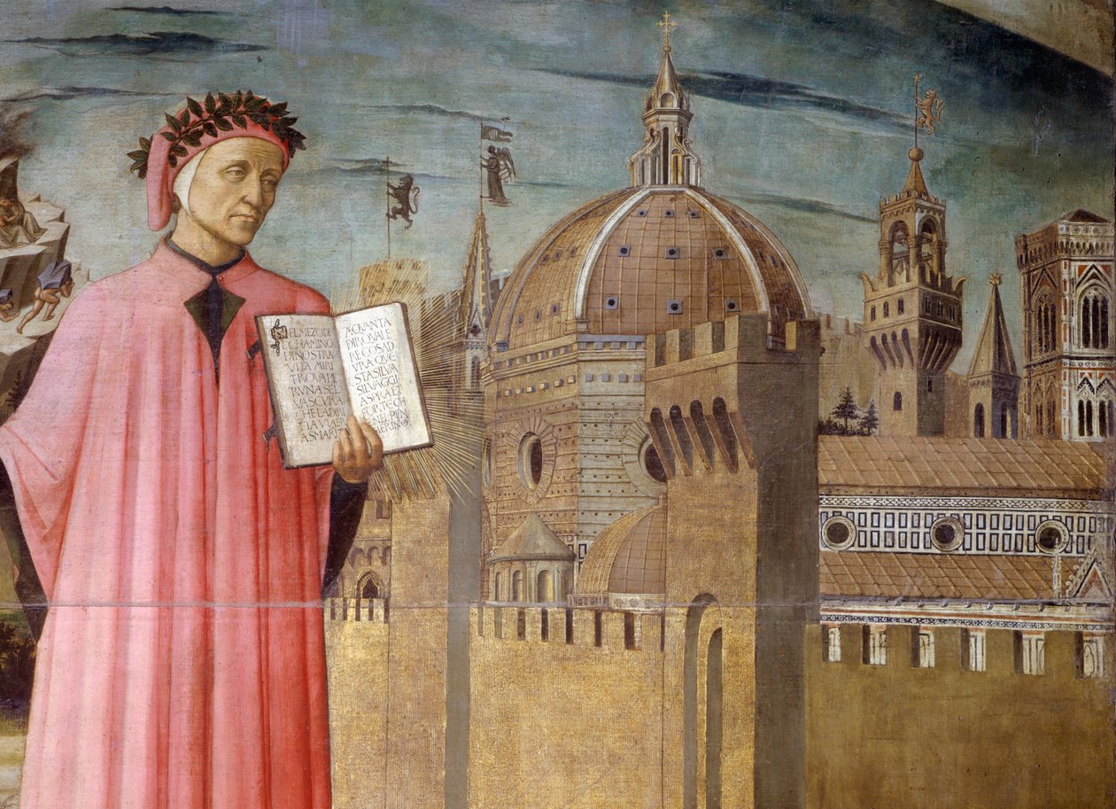 Italien, regionen Toscana, Florens, porträtt av Dante Alighieri, Florens och allegorin om den gudomliga komedin av Domenico di Michelino av Domenico di Michelino