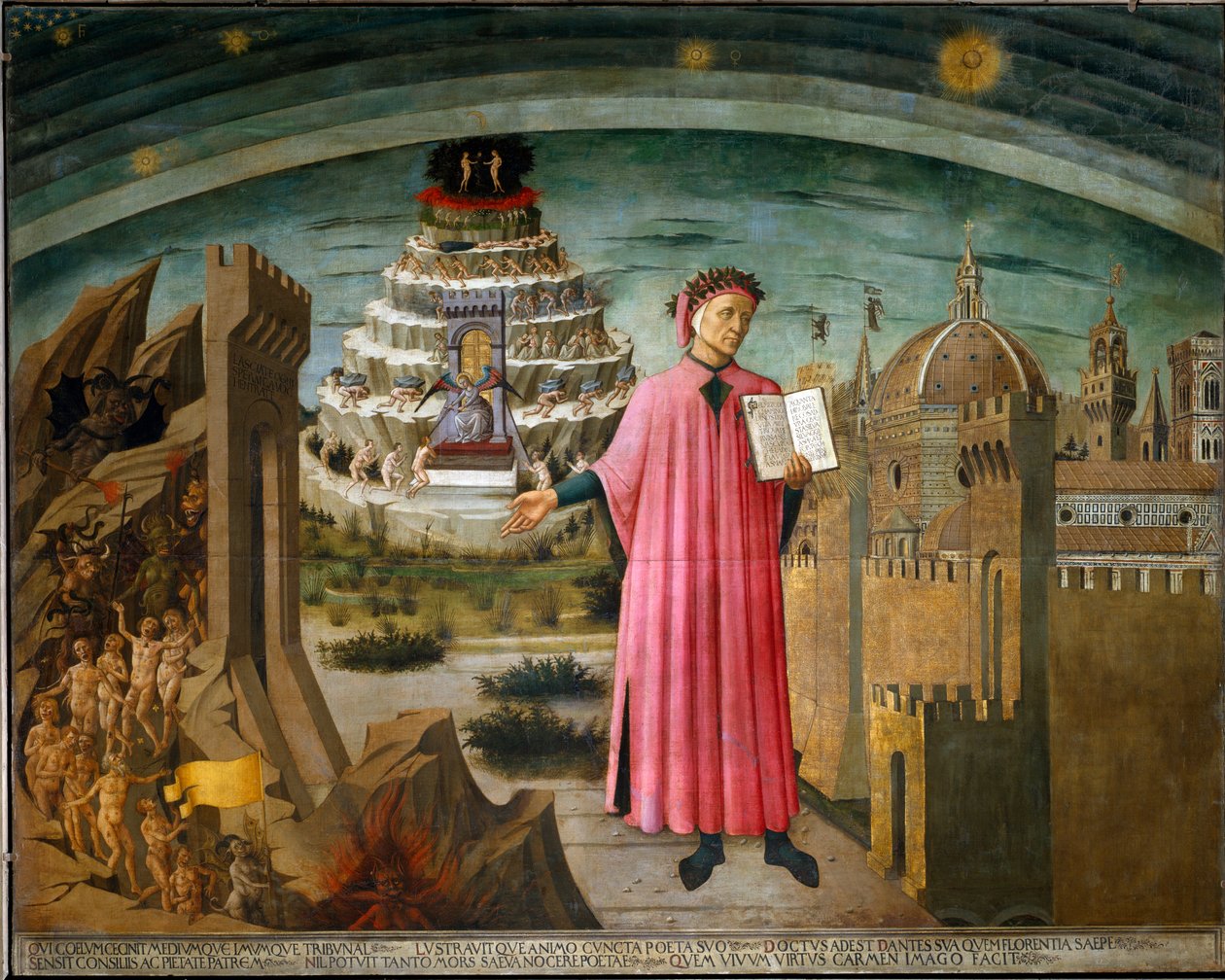 Porträtt av Dante med den gudomliga komedin av Domenico di Michelino