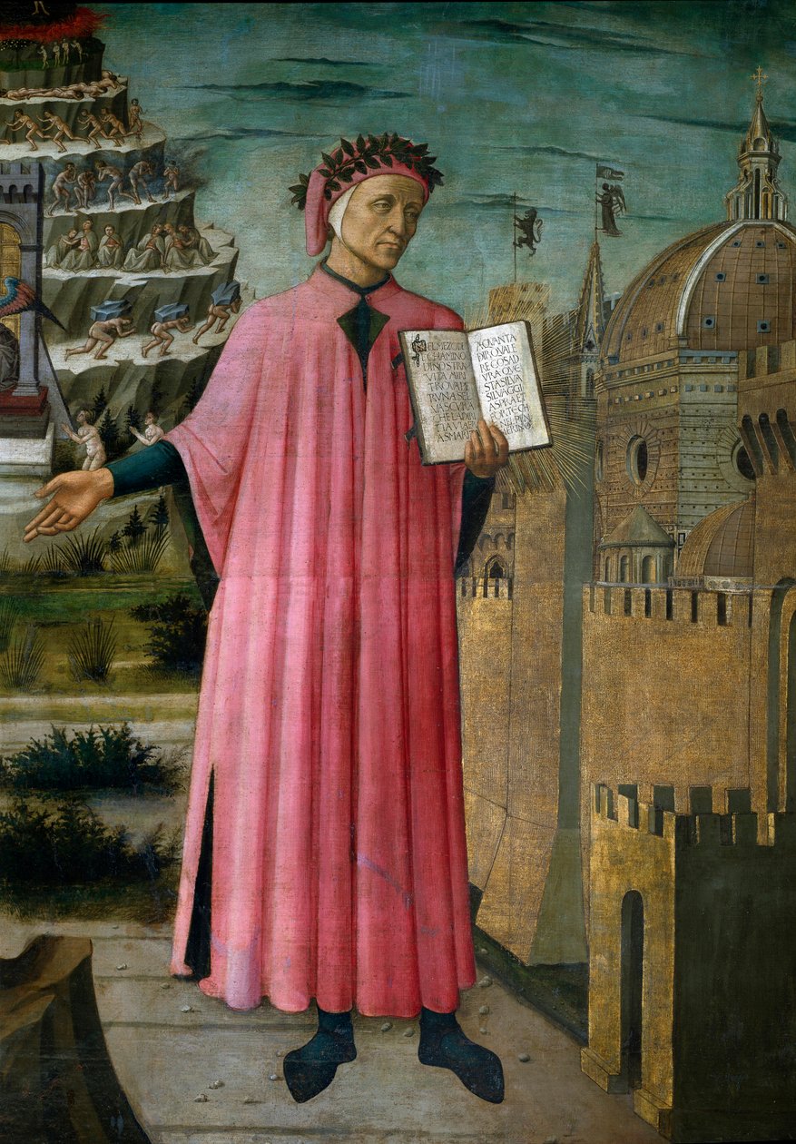 Den italienske poeten Dante Alighieri (1265-1321) presenterar sitt verk La divine comedie ”(Den gudomliga komedin)” ”. Detalj. Fresk av Domenico di Michelino (1417-1491), Cathedrale Santa Maria del Fiore, Florens. (Duomo, Florens) Italien av Domenico di Michelino