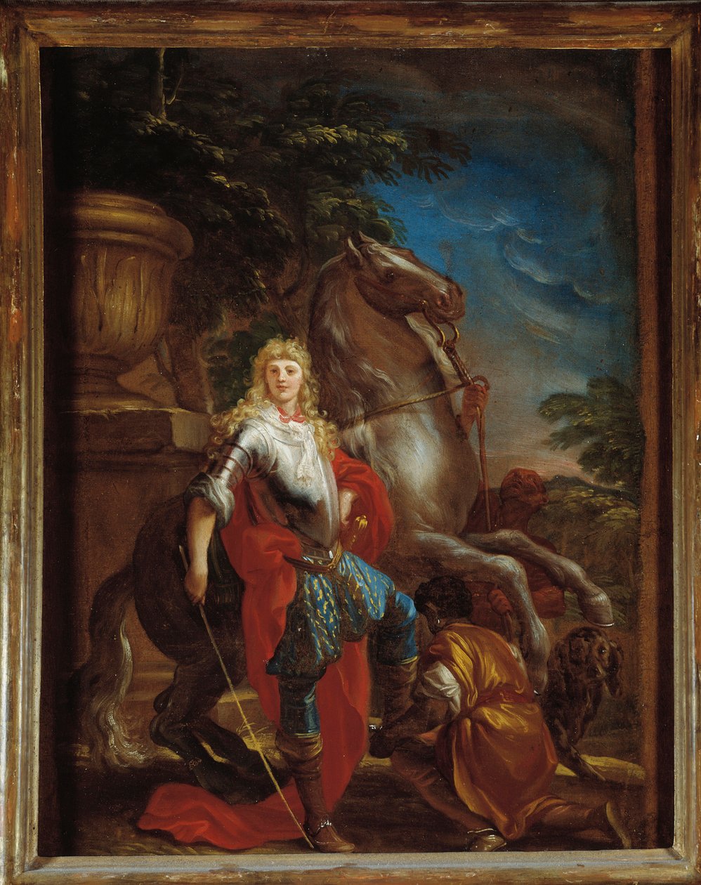 Porträtt av gentleman från Genua med sin häst Målning av Domenico Piola (1627-1703) Genes, Musei di Strada Nuova (ex Palazzo Bianco) av Domenico the Elder Piola