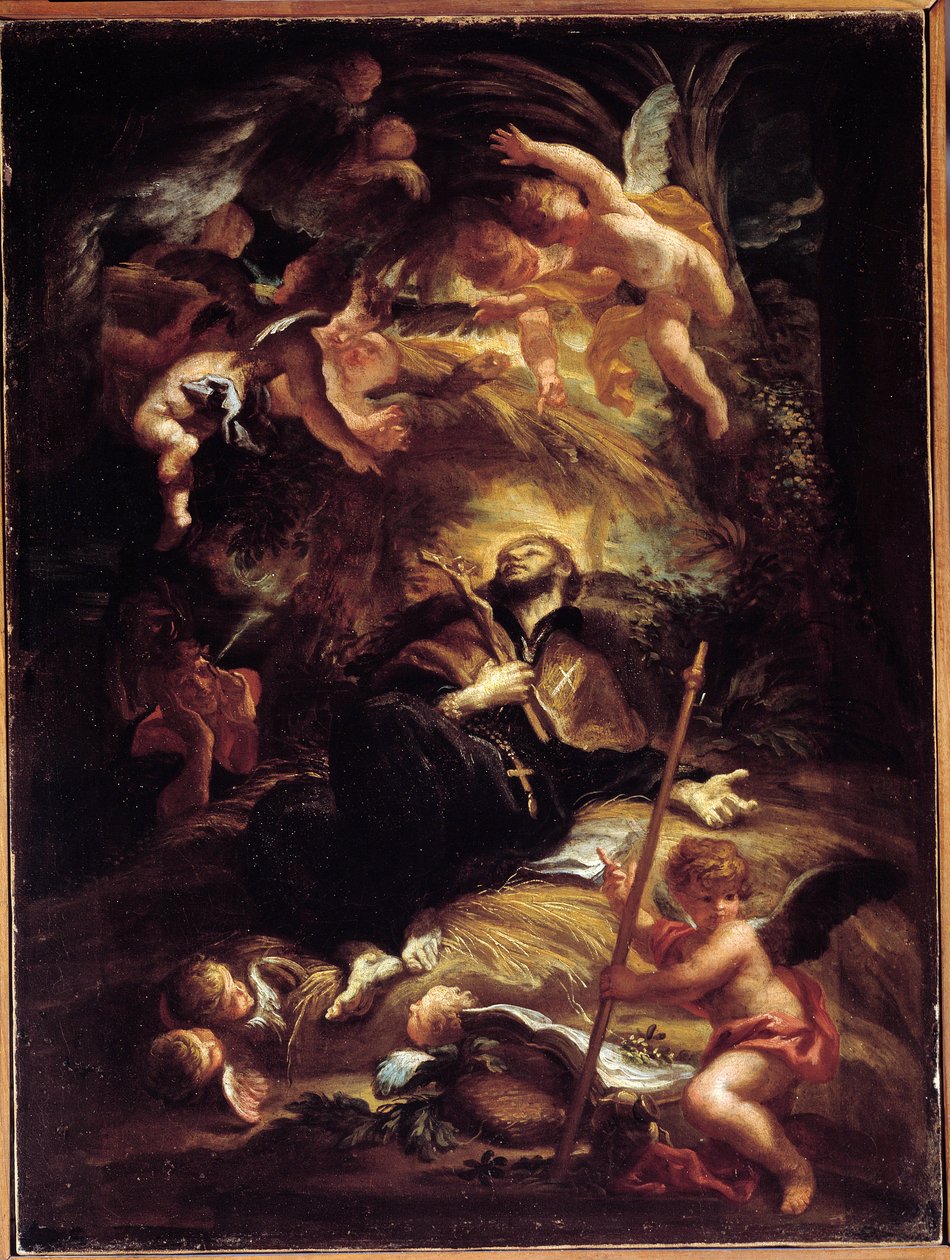 The Death of Saint Francois Xavier (Francois-Xavier) (1506-1552), spansk jesvitmissionär (The Death of St Francis Xavier) Målning av Domenico Piola (1627-1703) Genes, Musei di Strada Nuova (ex Palazzo Bianco) av Domenico the Elder Piola