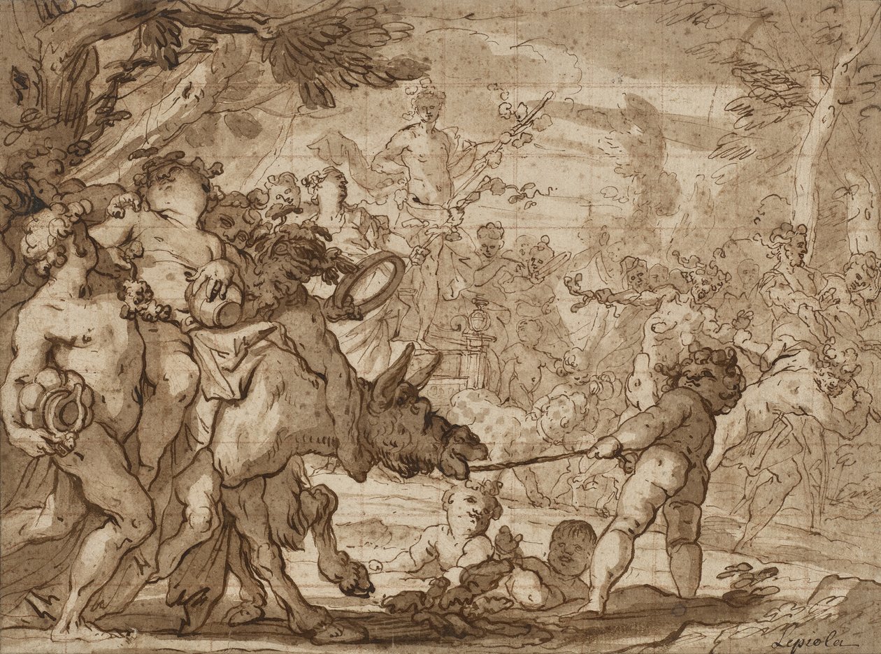 The Triumph of Bacchus, ca 1642-1703 (penna & brunt bläck och skölj över röd krita på lagt papper) av Domenico the Elder Piola
