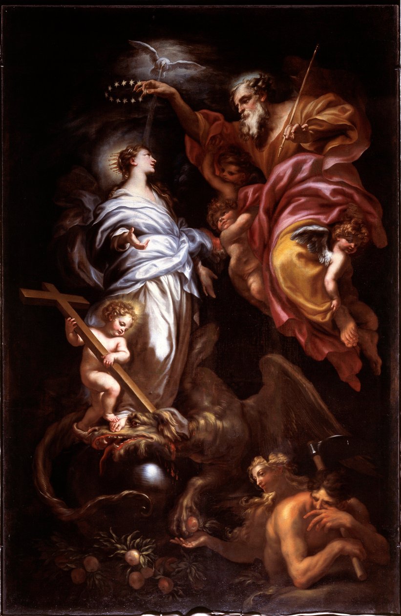 Jungfru obefläckad och helig far (olja på duk av Domenico the Elder Piola