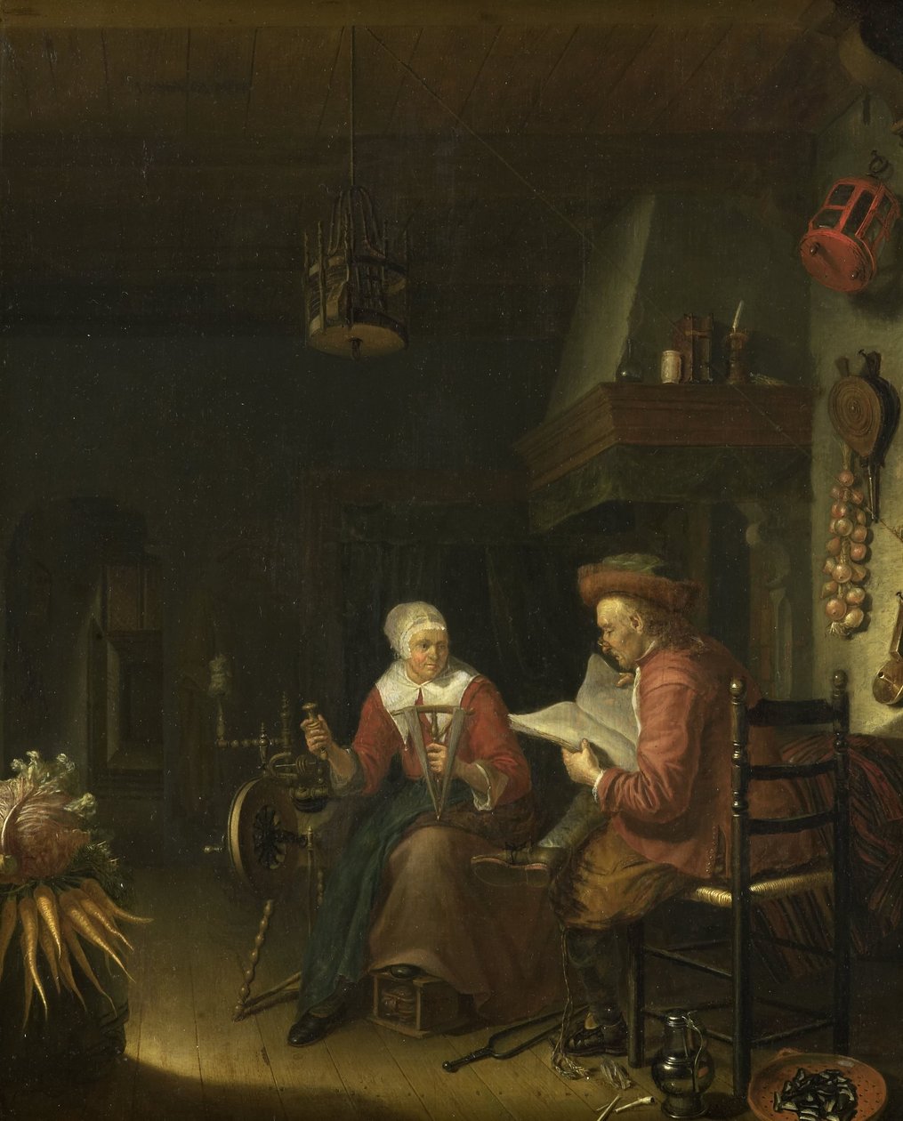 Interiör med en man som läser och en kvinna som spinner garn av Domenicus van Tol