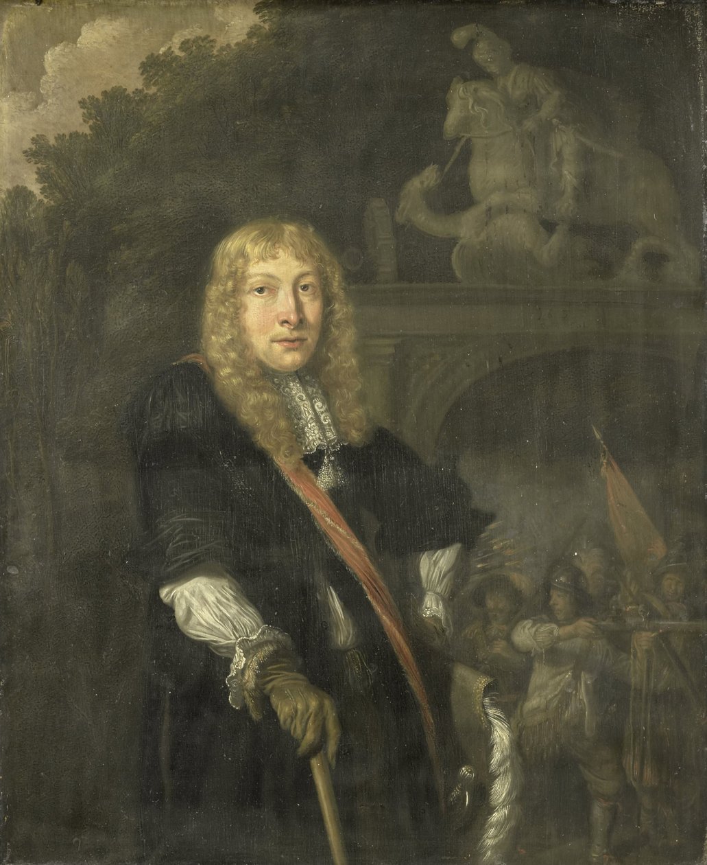 Porträtt av en officer från Leiden medborgargardet framför porten till St. George-vakternas högkvarter av Domenicus van Tol