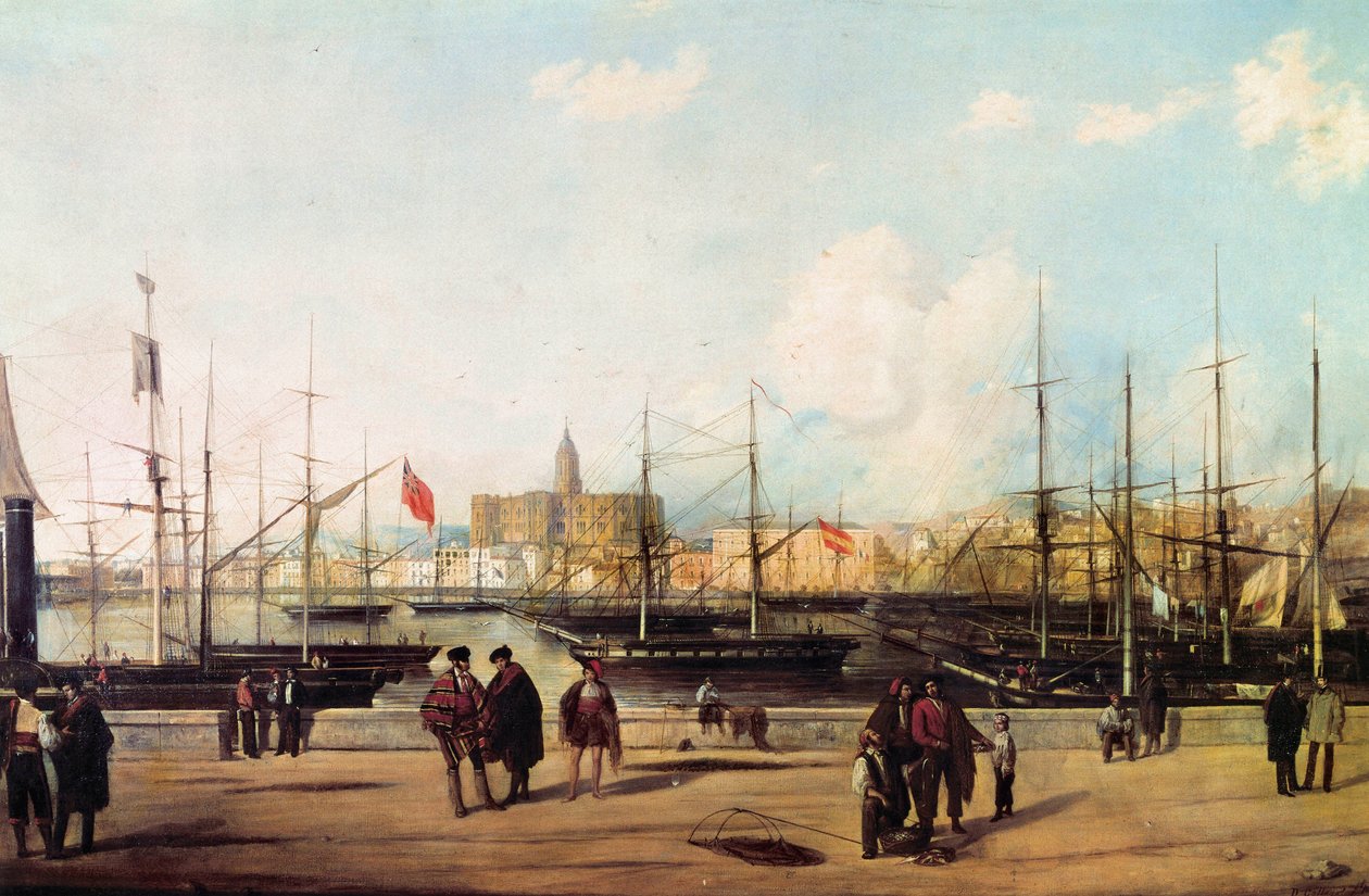 Vy över hamnen i Malaga, Spanien av Domingo Gallego y Alvarez