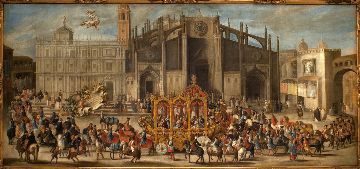 Transport av tillkännagivandet av masken. Målning av Domingo Martinez (1688-1749), olja på duk av Domingo Martinez
