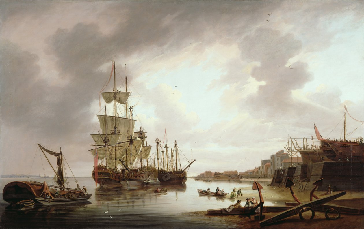 Brittiska krigsmän för ankar i Blackwall Reach, 1792 av Dominic Serres