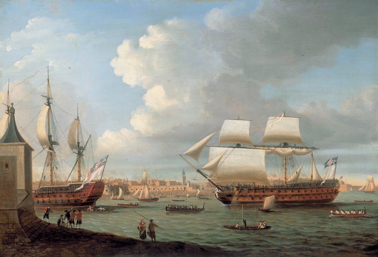 Foudroyant och Pégase i Portsmouths hamn, 1782 av Dominic Serres