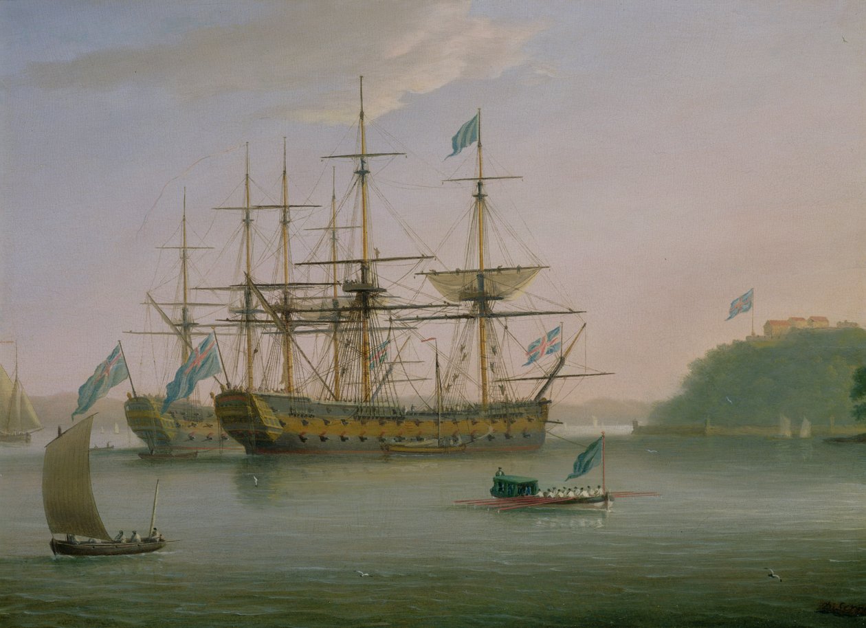 Två brittiska krigsmän förtöjde under Mount Edgecombe, Plymouth med amirals pråm på väg tillbaka till stranden av Dominic Serres