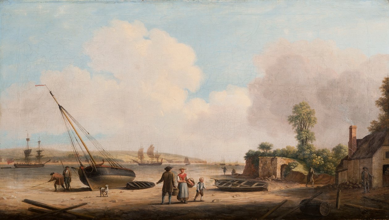 Vy över Gravesend med en strandad fiskebåt och fartyg i mynningen, 1770 av Dominic Serres