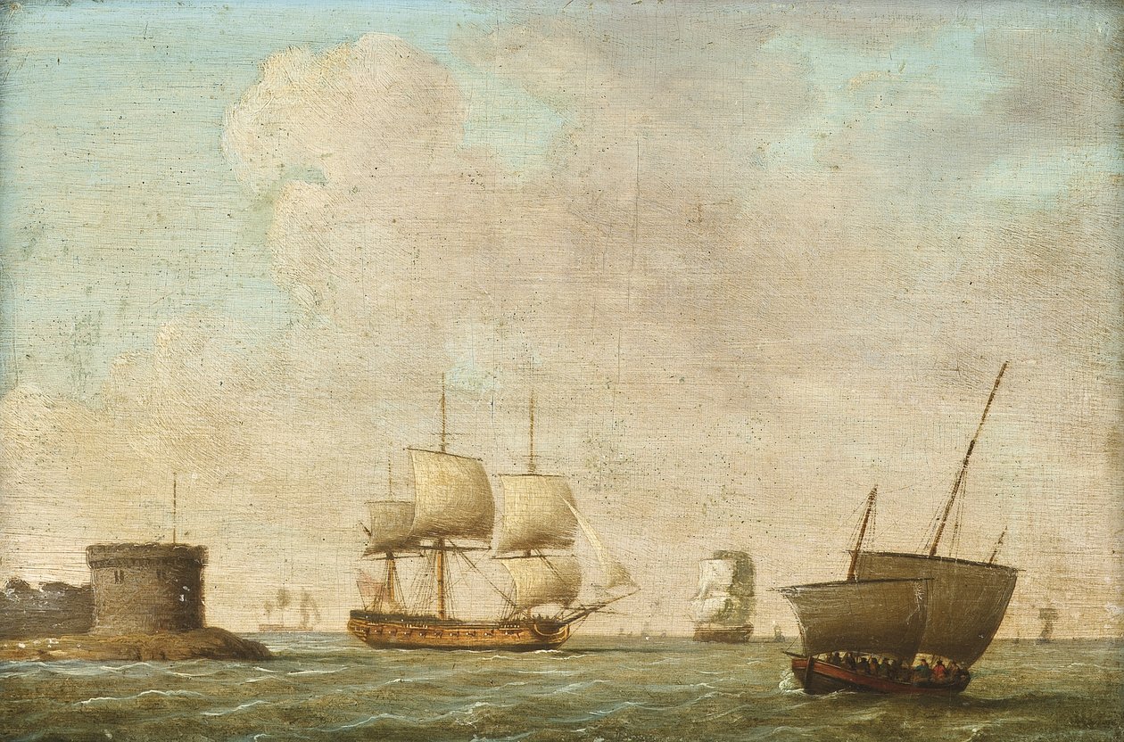 Fregatt passerar ett trångt luggerfartyg av Dominic (attributed to) Serres
