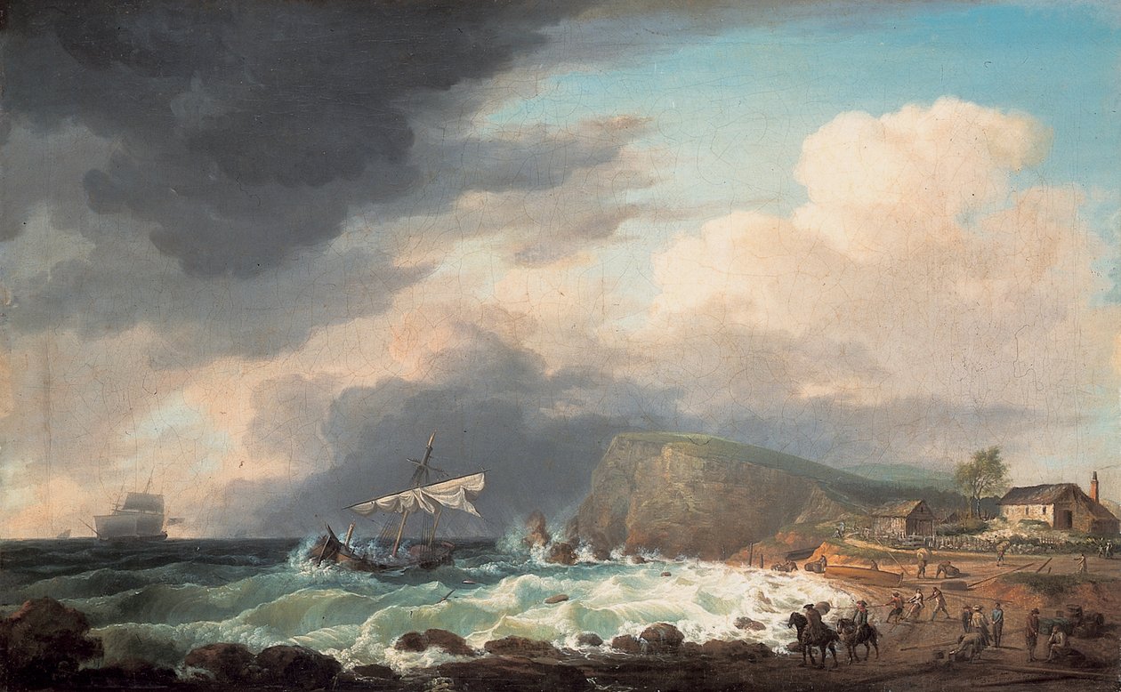 Ett skeppsvrak utanför en kust med överlevande och räddare på en strand av Dominic Serres