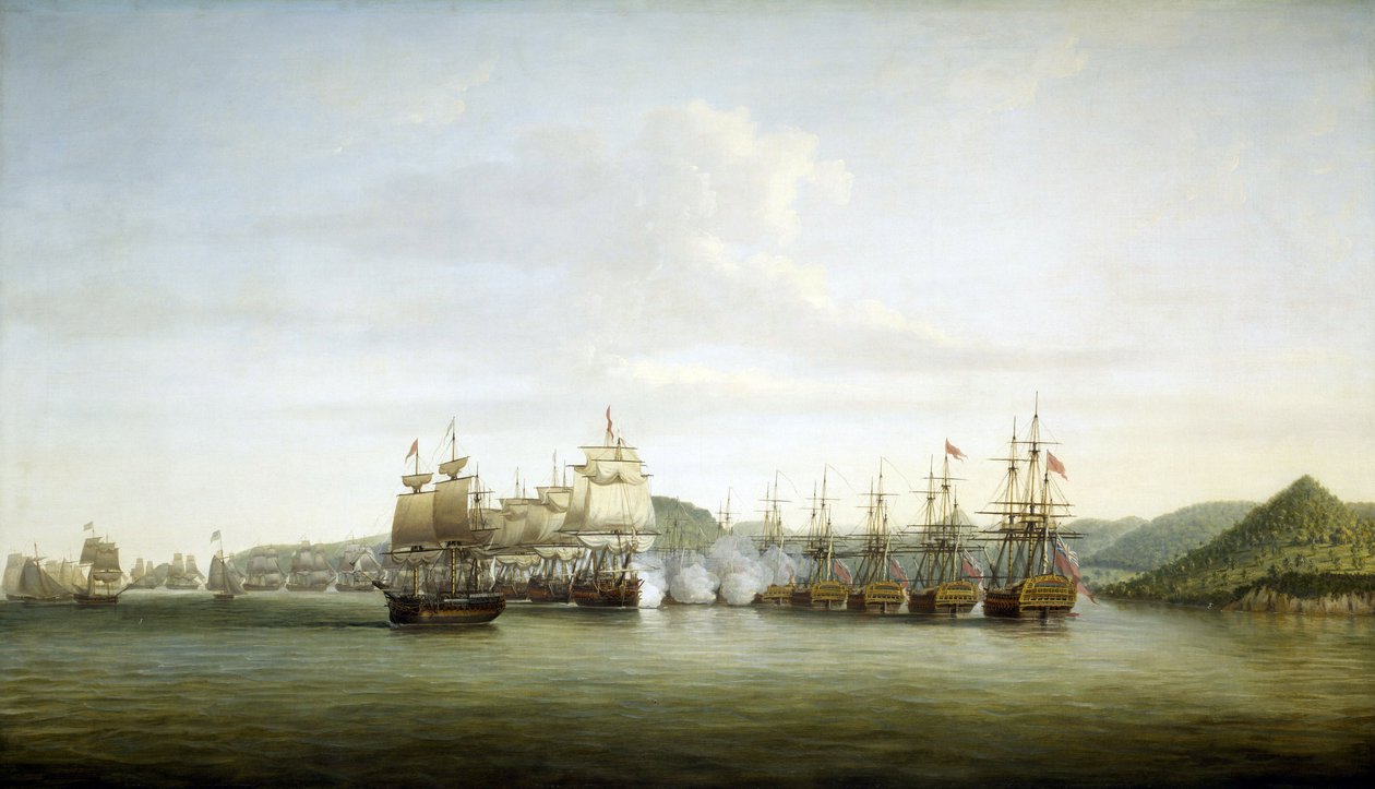 Amerikanska revolutionen (eller amerikanska frihetskriget) 1775-1783: Major Samuel Barringtons manöver på ön Saint Lucia, fransk besittning i Västindien, den 15 december av Dominic Serres