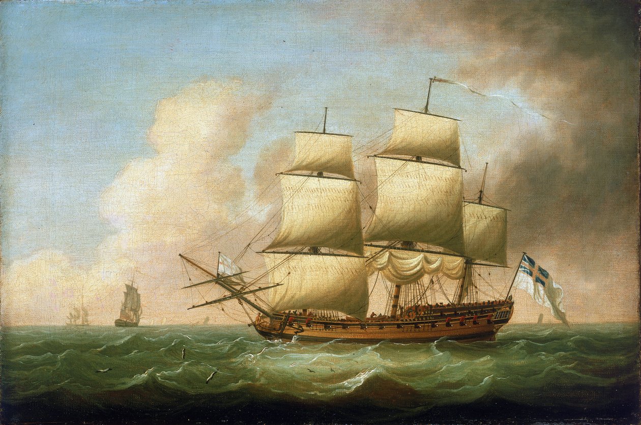 Brittisk fregatt. Olja på duk, av Dominic Serres (1719-1793). av Dominic Serres